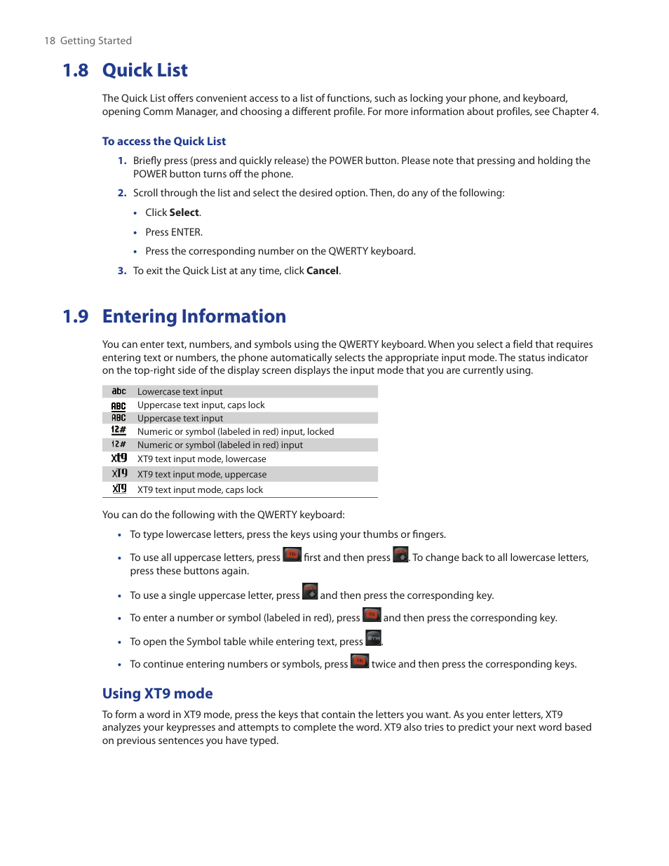 8 quick list, 9 entering information, 8 quick list 1.9 entering information | Using xt9 mode | HTC IRIS100 User Manual | Page 18 / 114