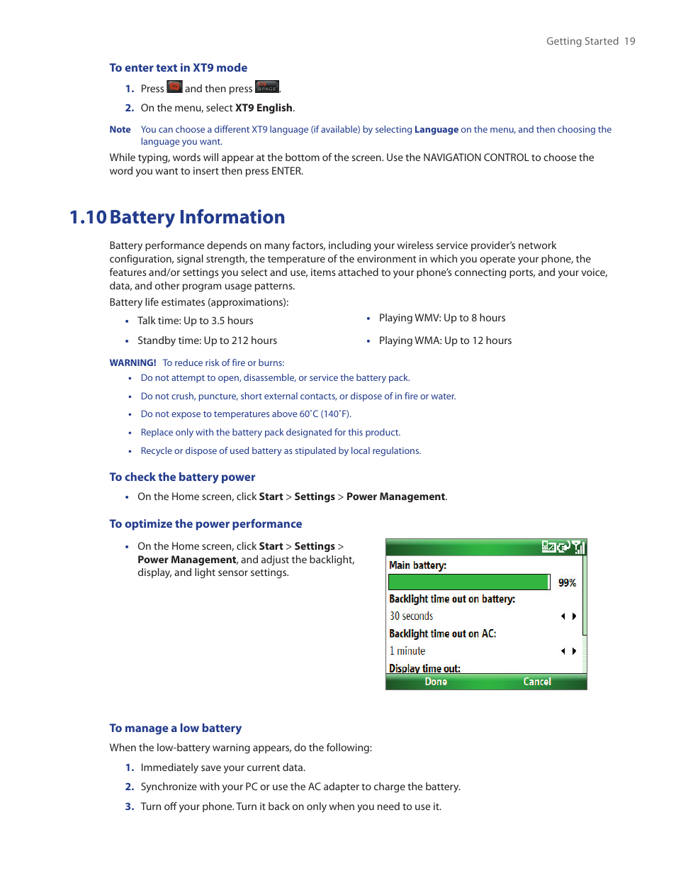 10 battery information | HTC IRIS100 User Manual | Page 19 / 114