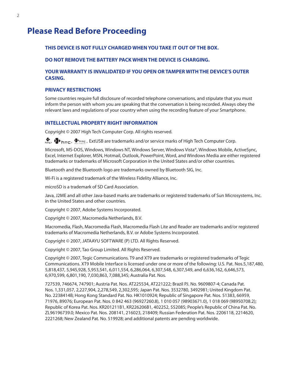 Please read before proceeding | HTC IRIS100 User Manual | Page 2 / 114