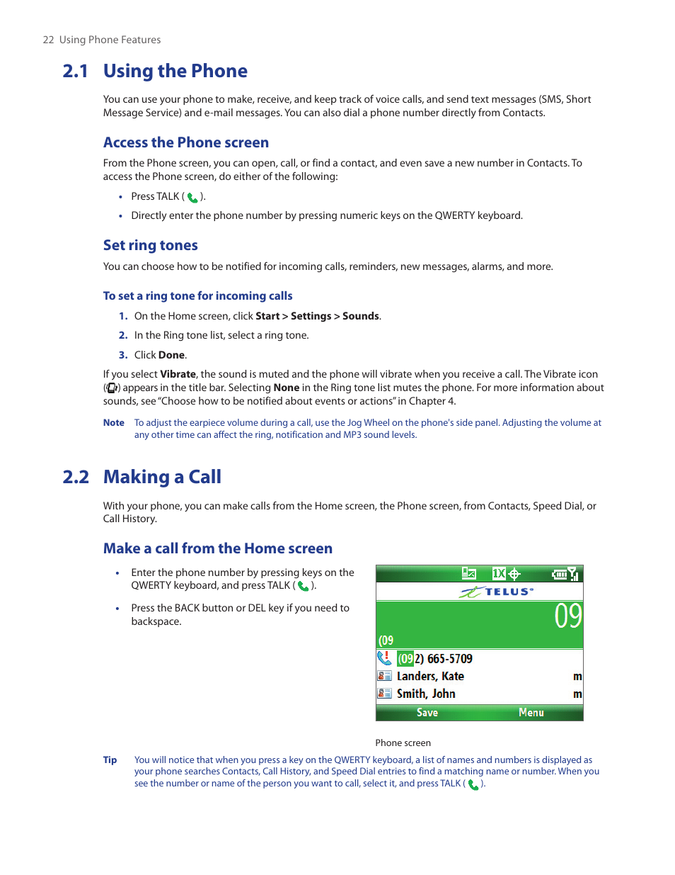 1 using the phone, 2 making a call, 1 using the phone 2.2 making a call | Access the phone screen, Set ring tones, Make a call from the home screen | HTC IRIS100 User Manual | Page 22 / 114