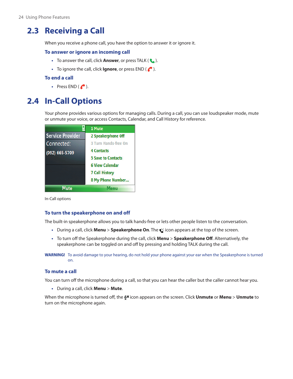 3 receiving a call, 4 in-call options, 3 receiving a call 2.4 in-call options | HTC IRIS100 User Manual | Page 24 / 114