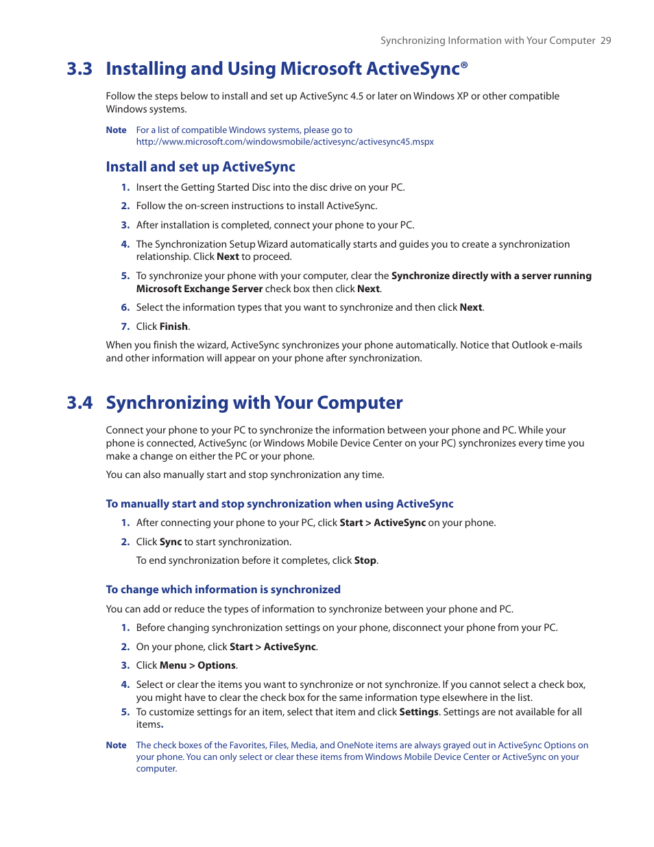 3 installing and using microsoft activesync, 4 synchronizing with your computer, Install and set up activesync | HTC IRIS100 User Manual | Page 29 / 114
