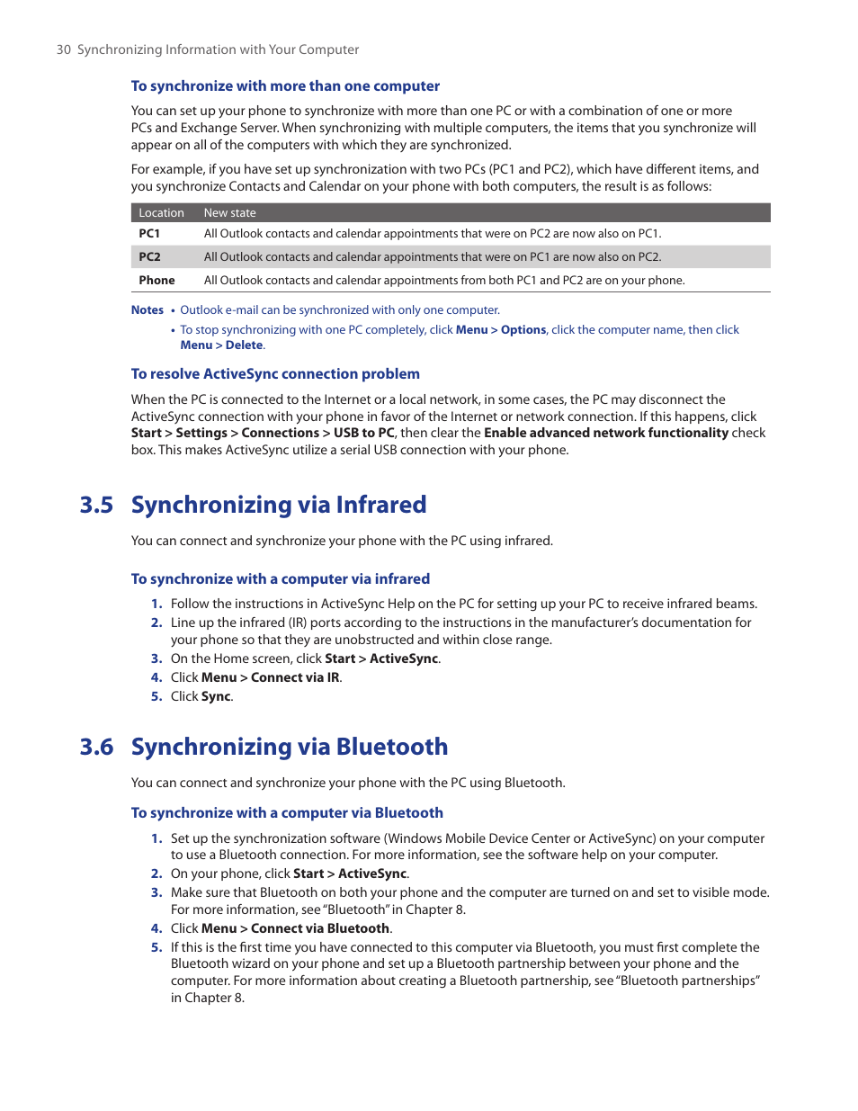 5 synchronizing via infrared, 6 synchronizing via bluetooth | HTC IRIS100 User Manual | Page 30 / 114