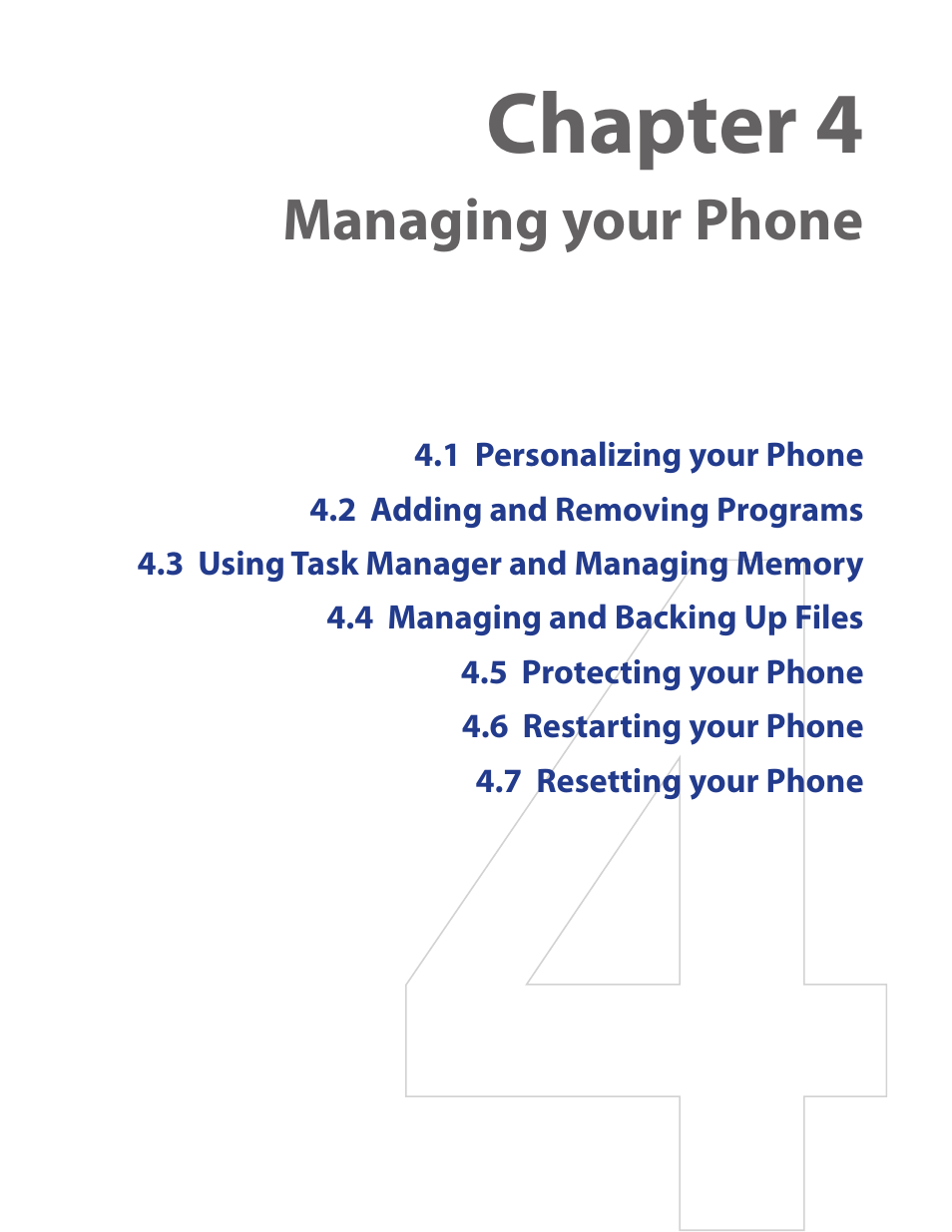 Chapter 4 managing your phone, Chapter 4, Managing your phone | HTC IRIS100 User Manual | Page 33 / 114