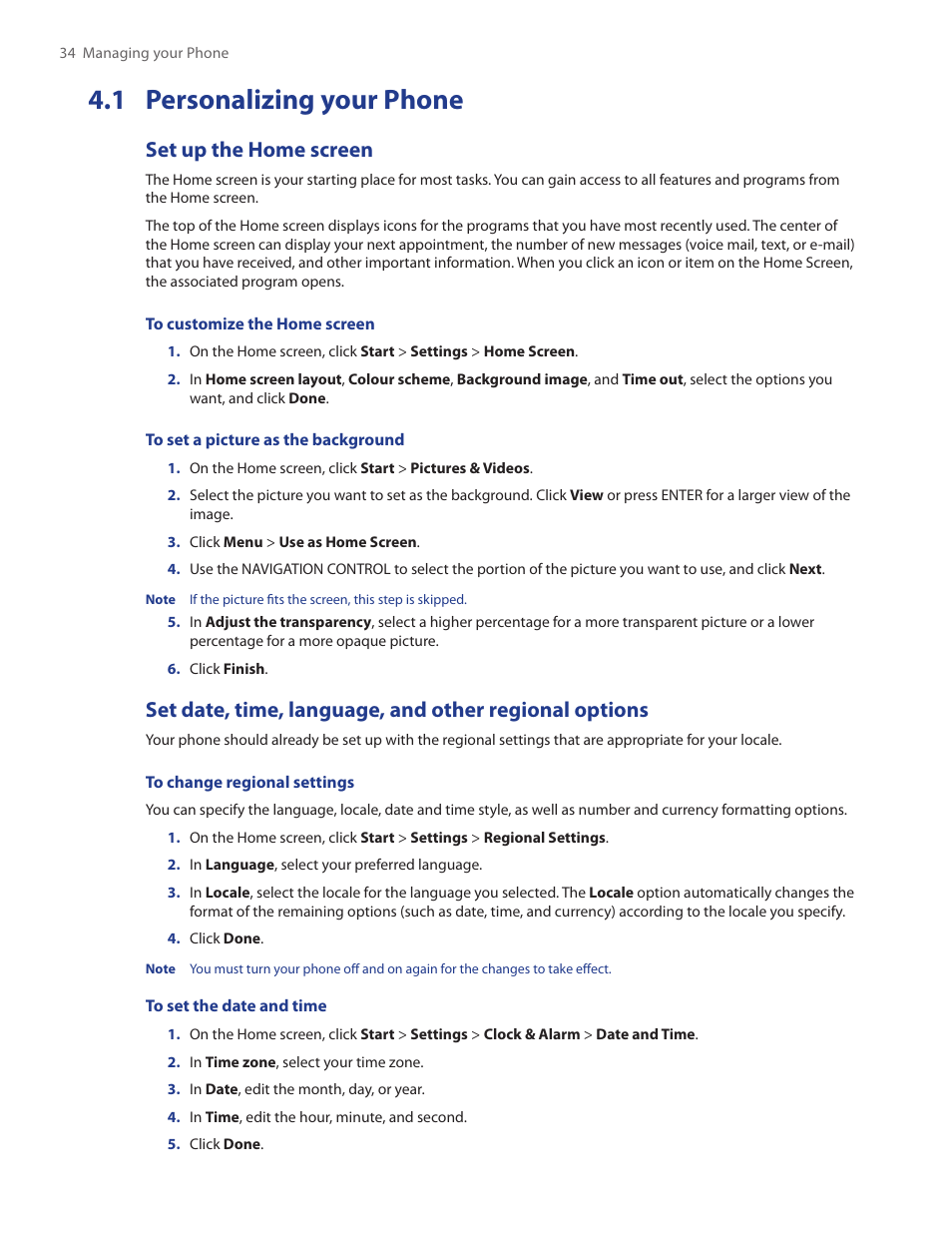 1 personalizing your phone, Set up the home screen | HTC IRIS100 User Manual | Page 34 / 114