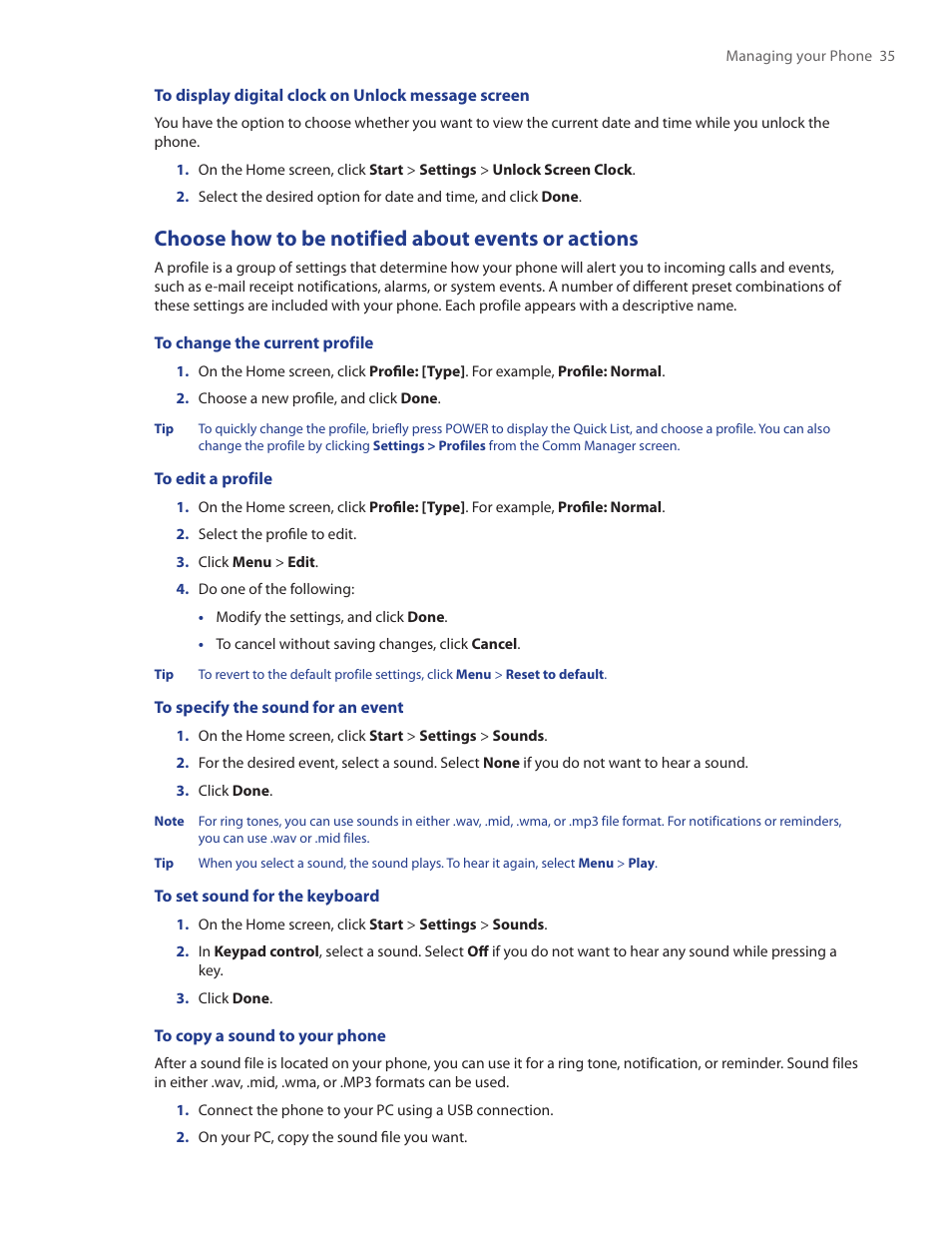 Choose how to be notified about events or actions | HTC IRIS100 User Manual | Page 35 / 114