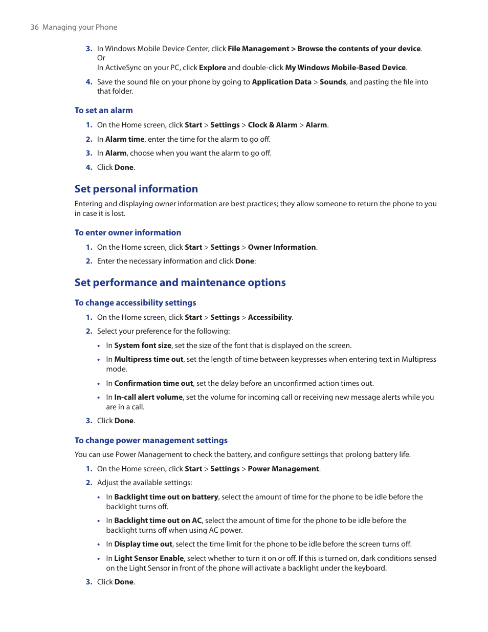 Set personal information, Set performance and maintenance options | HTC IRIS100 User Manual | Page 36 / 114