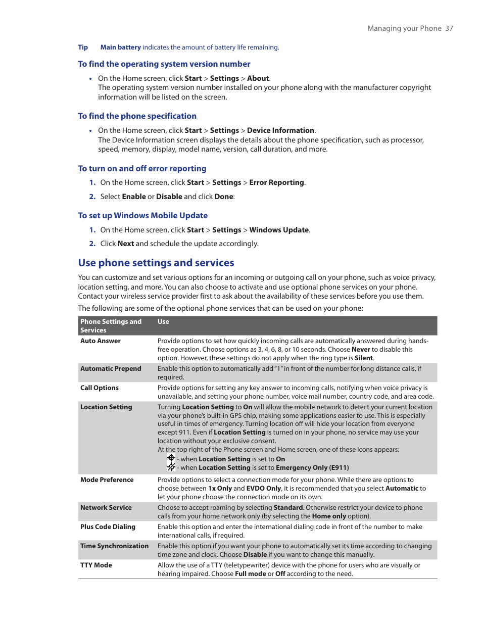 Use phone settings and services | HTC IRIS100 User Manual | Page 37 / 114