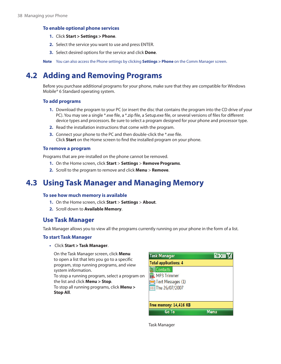 2 adding and removing programs, 3 using task manager and managing memory, Use task manager | HTC IRIS100 User Manual | Page 38 / 114