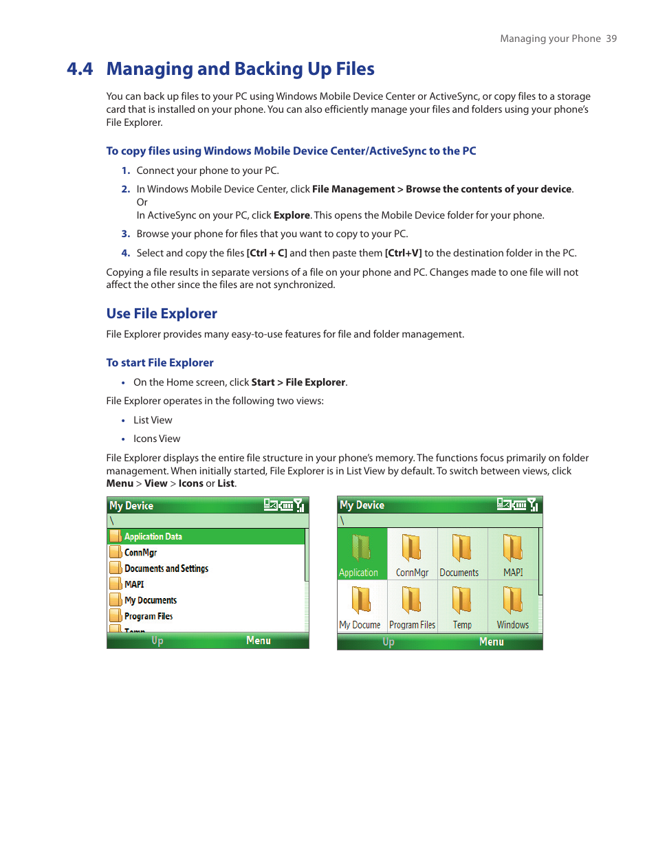 4 managing and backing up files, Use file explorer | HTC IRIS100 User Manual | Page 39 / 114