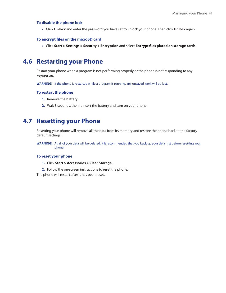 6 restarting your phone, 7 resetting your phone, 6 restarting your phone 4.7 resetting your phone | HTC IRIS100 User Manual | Page 41 / 114