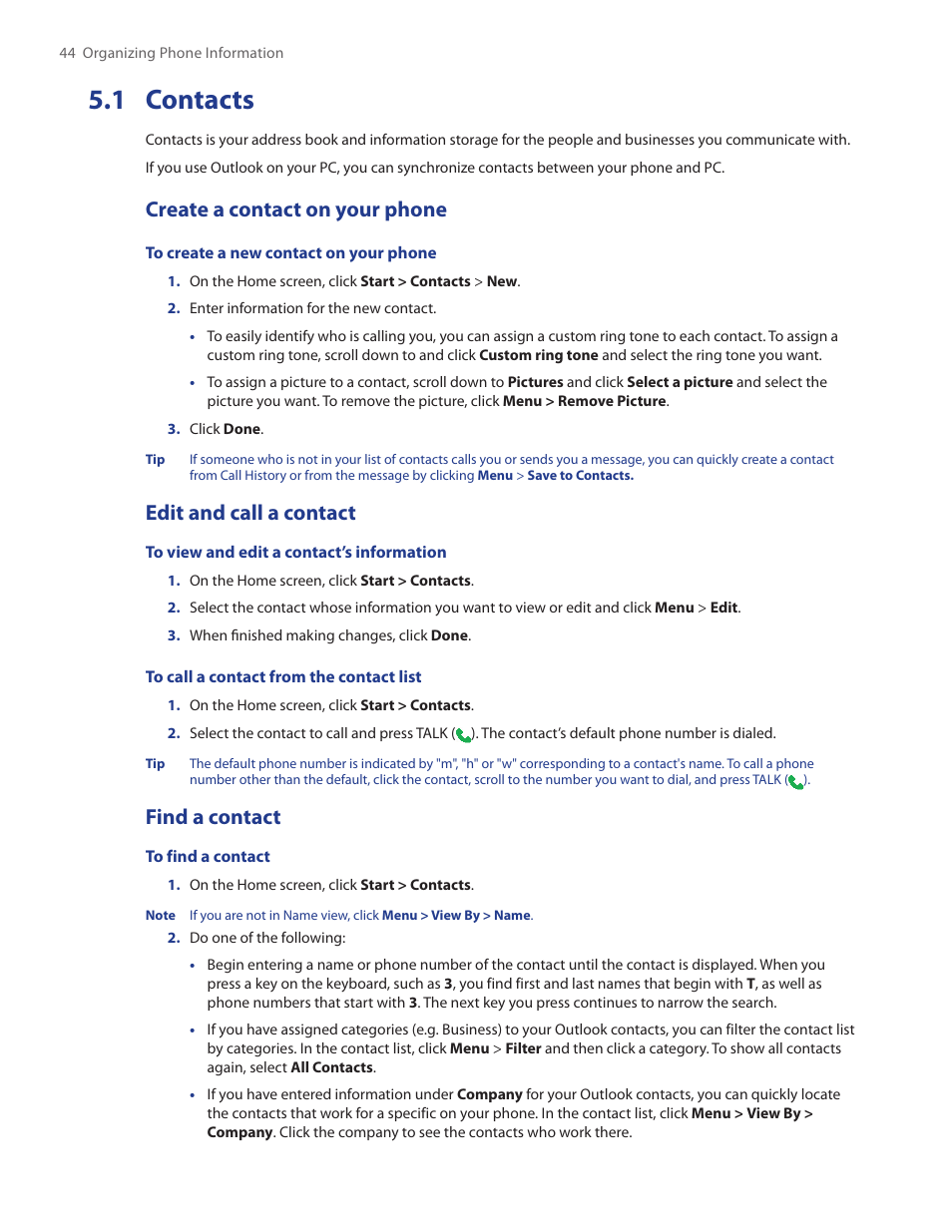 1 contacts, Create a contact on your phone, Edit and call a contact | Find a contact | HTC IRIS100 User Manual | Page 44 / 114