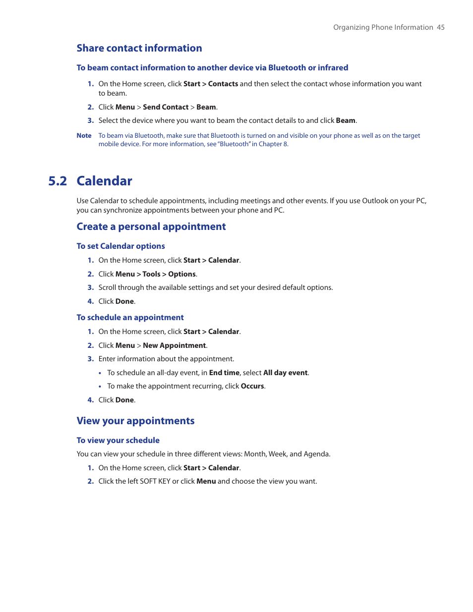 2 calendar, Share contact information, Create a personal appointment | View your appointments | HTC IRIS100 User Manual | Page 45 / 114