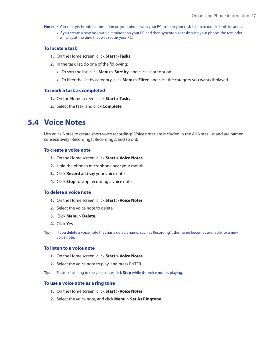 4 voice notes | HTC IRIS100 User Manual | Page 47 / 114