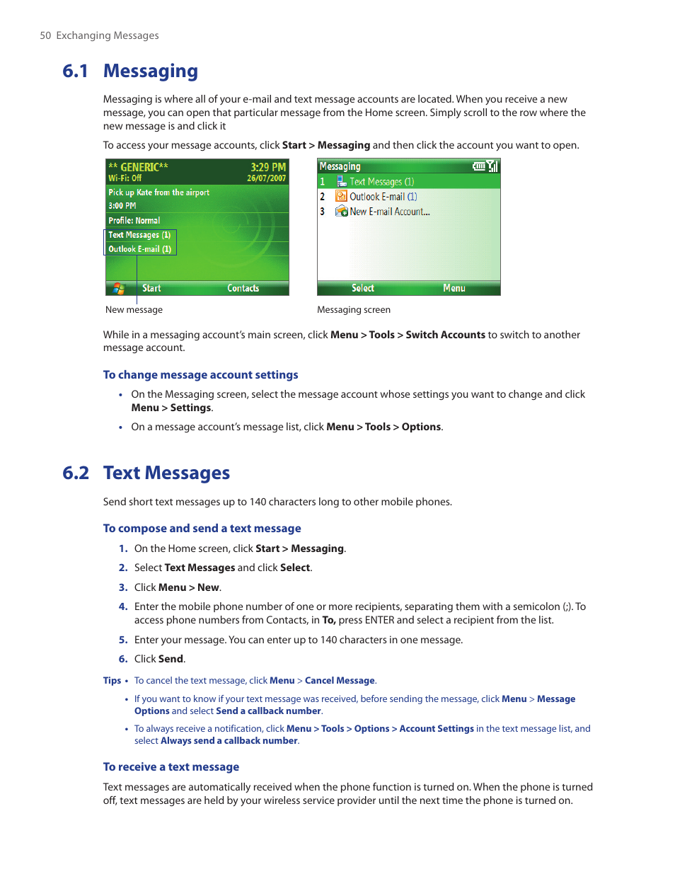 1 messaging, 2 text messages, 1 messaging 6.2 text messages | HTC IRIS100 User Manual | Page 50 / 114