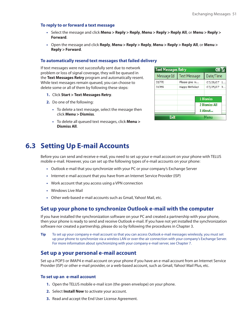 3 setting up e-mail accounts, Set up a your personal e-mail account | HTC IRIS100 User Manual | Page 51 / 114