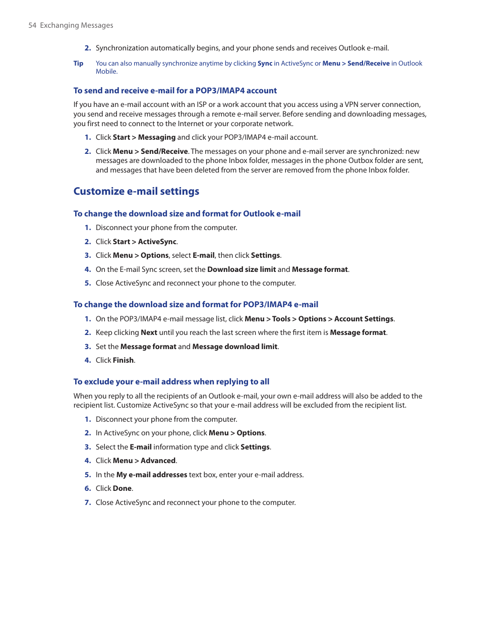 Customize e-mail settings | HTC IRIS100 User Manual | Page 54 / 114