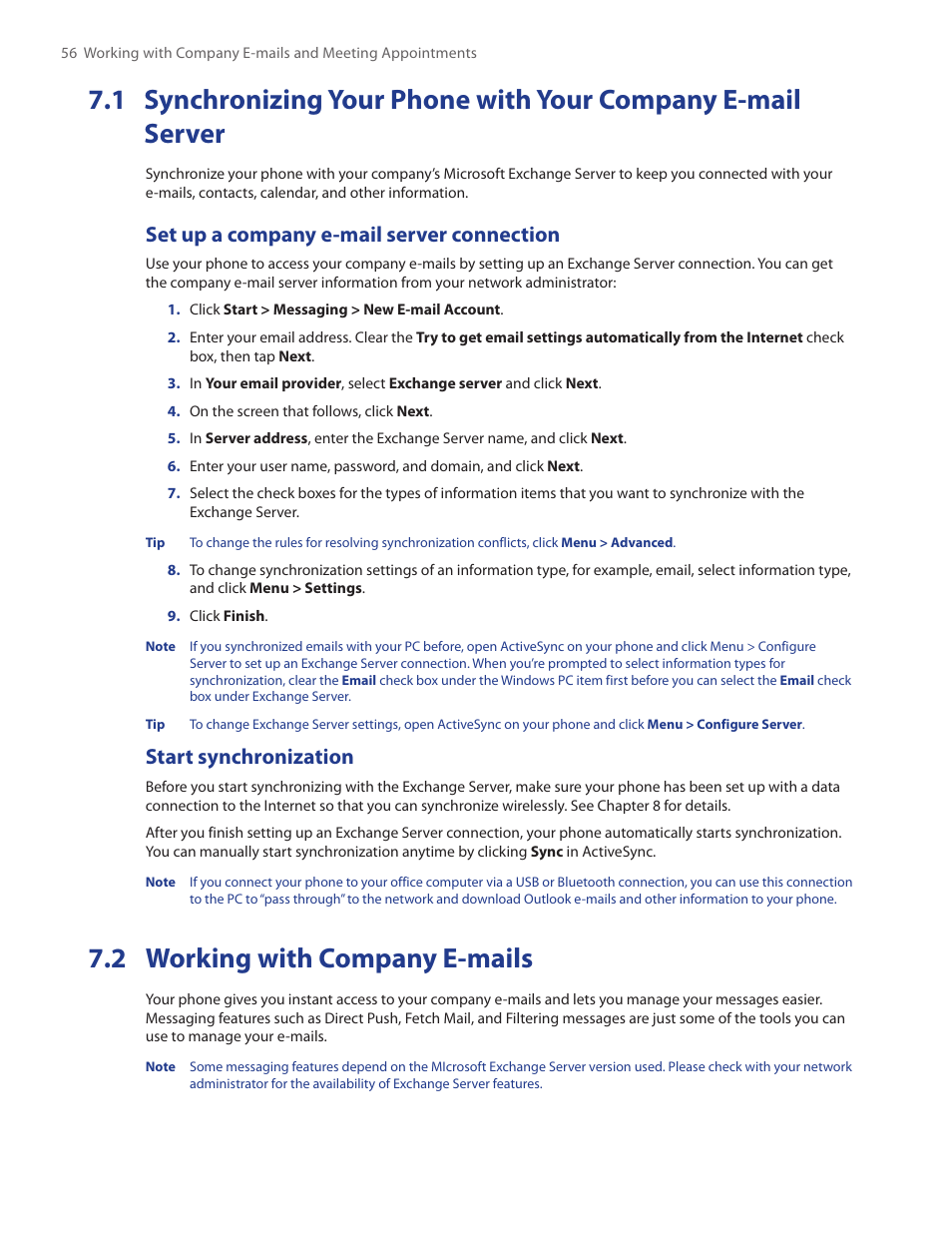2 working with company e-mails, 1 synchronizing your phone with your, Company e-mail server | Set up a company e-mail server connection, Start synchronization | HTC IRIS100 User Manual | Page 56 / 114