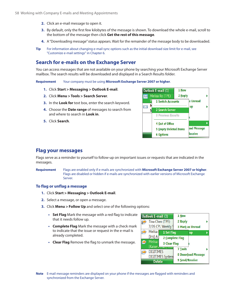 Search for e-mails on the exchange server, Flag your messages | HTC IRIS100 User Manual | Page 58 / 114