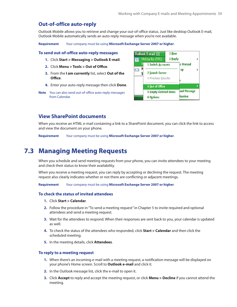 3 managing meeting requests, Out-of-office auto-reply, View sharepoint documents | HTC IRIS100 User Manual | Page 59 / 114