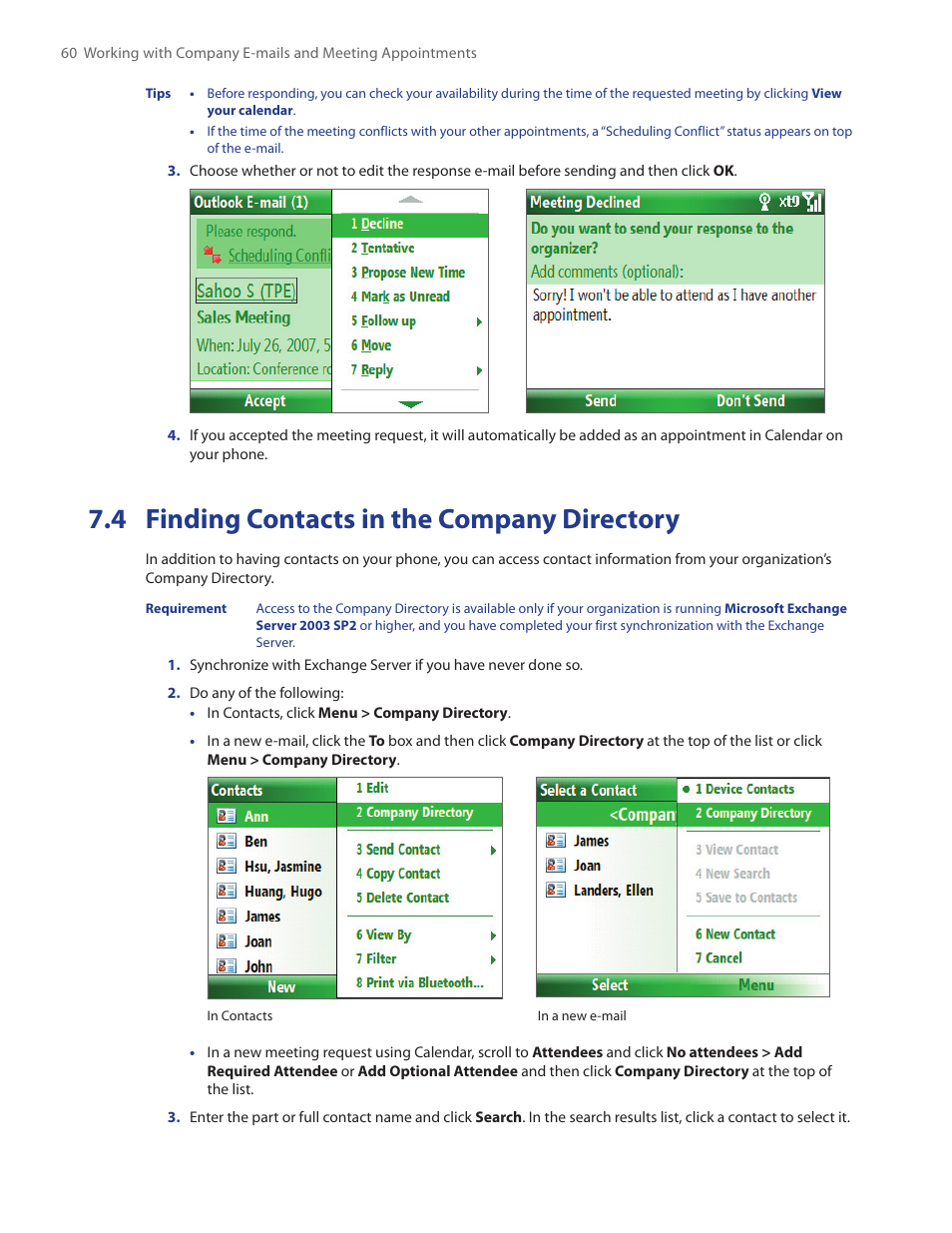 4 finding contacts in the company directory, 4 finding contacts in the, Company directory | HTC IRIS100 User Manual | Page 60 / 114