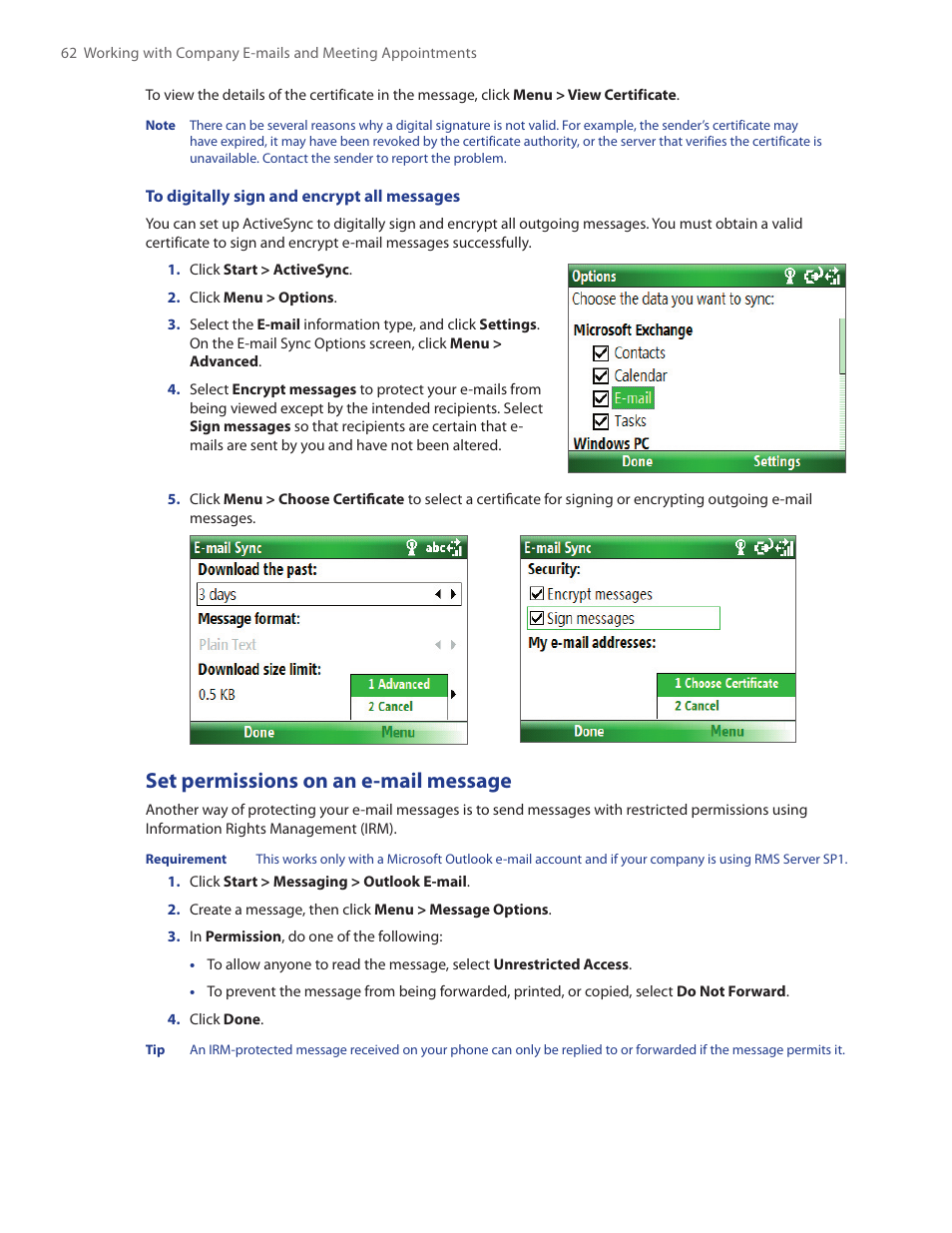 Set permissions on an e-mail message | HTC IRIS100 User Manual | Page 62 / 114