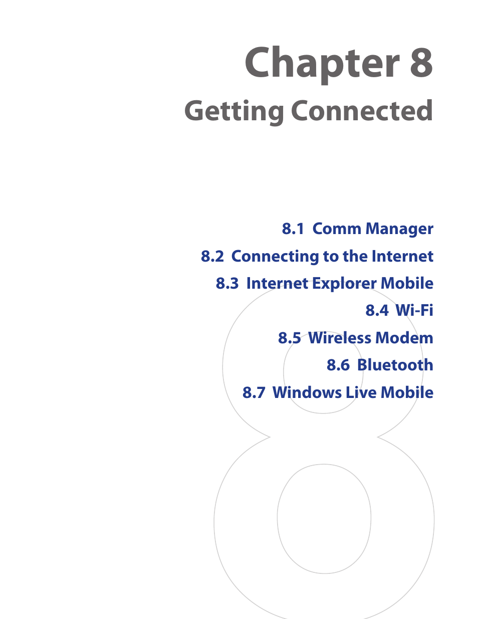 Chapter 8 getting connected, Chapter 8, Getting connected | HTC IRIS100 User Manual | Page 63 / 114
