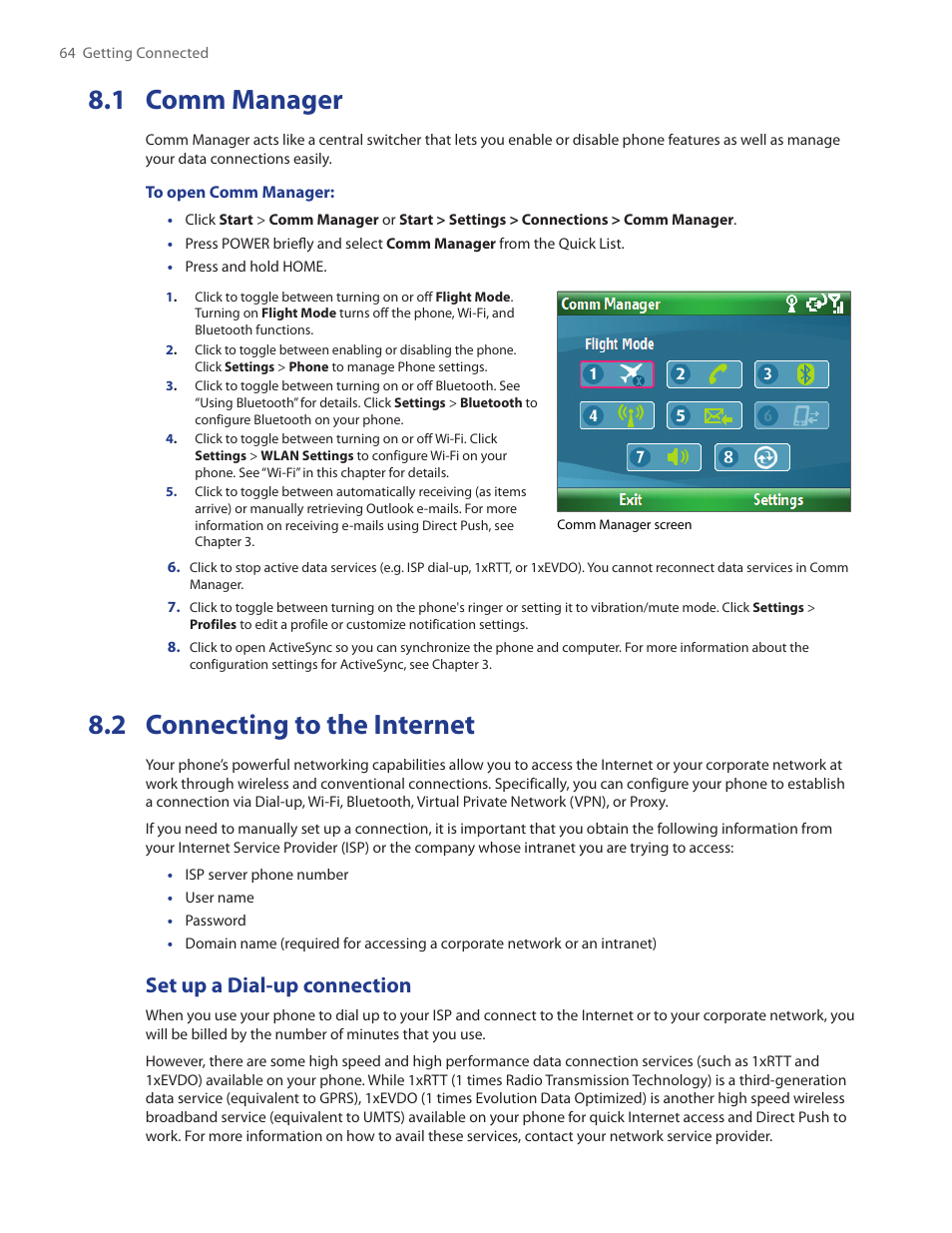 1 comm manager, 2 connecting to the internet, 1 comm manager 8.2 connecting to the internet | Set up a dial-up connection | HTC IRIS100 User Manual | Page 64 / 114