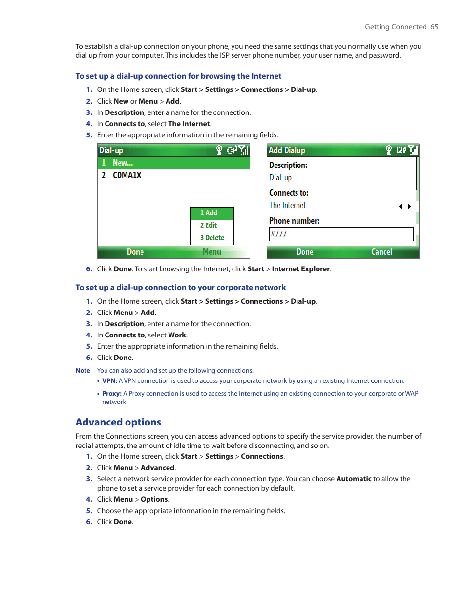Advanced options | HTC IRIS100 User Manual | Page 65 / 114