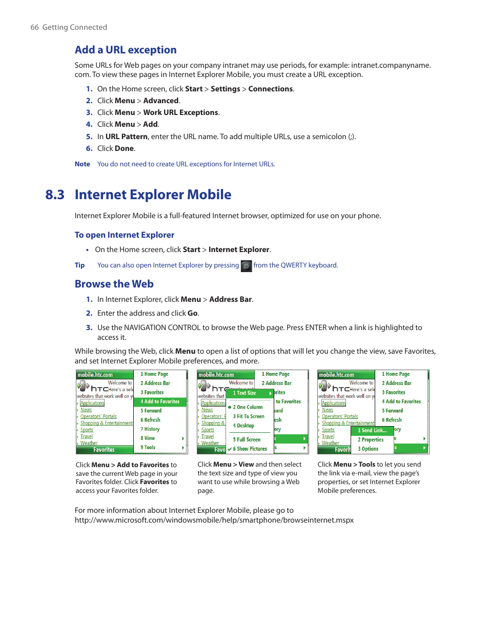 3 internet explorer mobile, Add a url exception, Browse the web | HTC IRIS100 User Manual | Page 66 / 114
