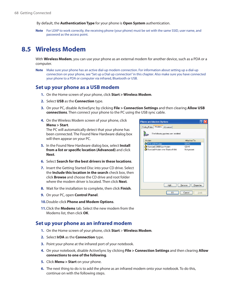 5 wireless modem, Set up your phone as a usb modem, Set up your phone as an infrared modem | HTC IRIS100 User Manual | Page 68 / 114