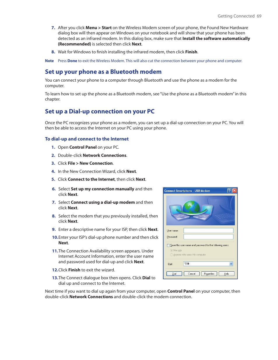 Set up your phone as a bluetooth modem, Set up a dial-up connection on your pc | HTC IRIS100 User Manual | Page 69 / 114