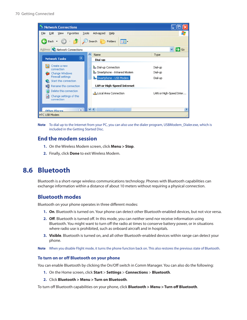 6 bluetooth, End the modem session, Bluetooth modes | HTC IRIS100 User Manual | Page 70 / 114