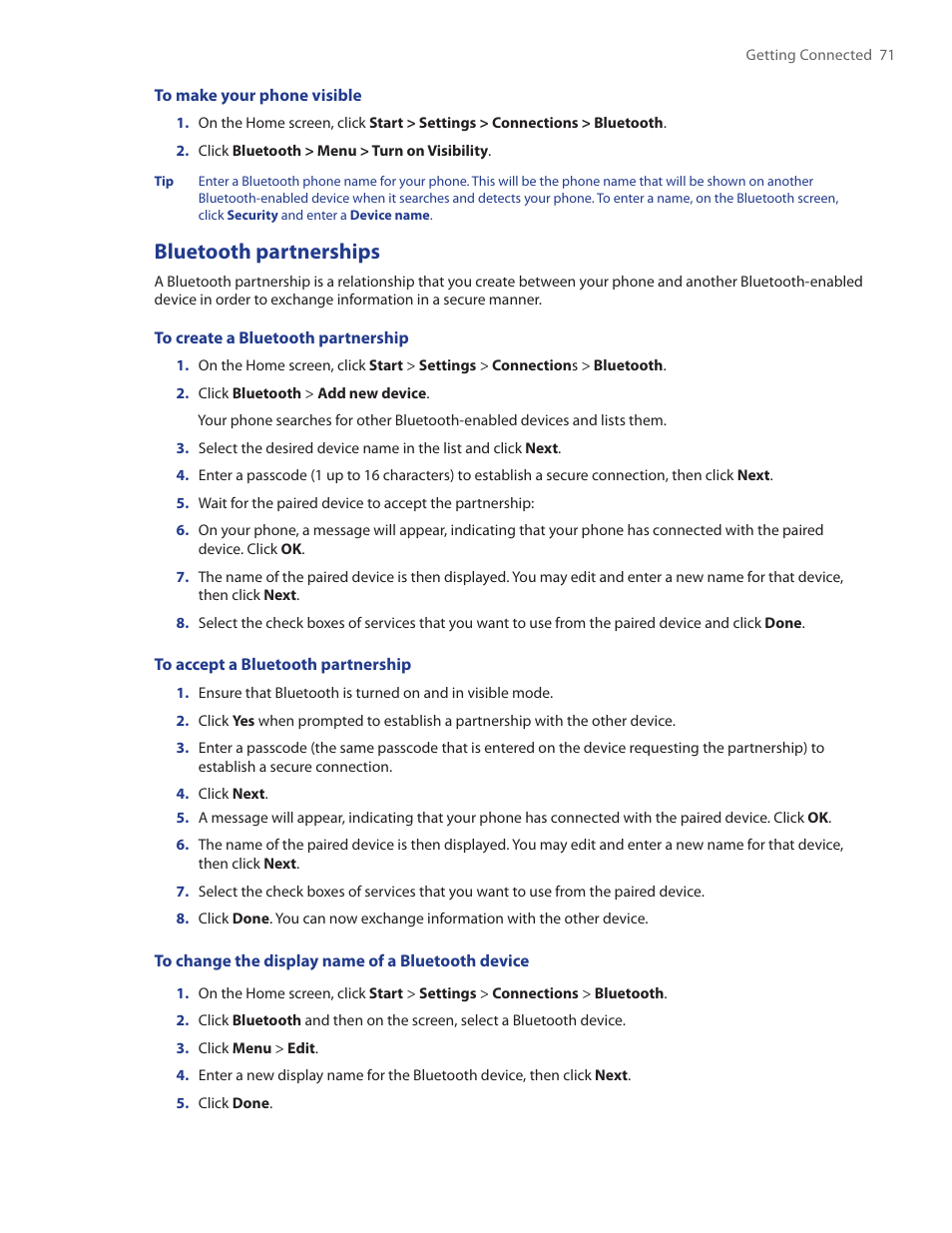 Bluetooth partnerships | HTC IRIS100 User Manual | Page 71 / 114