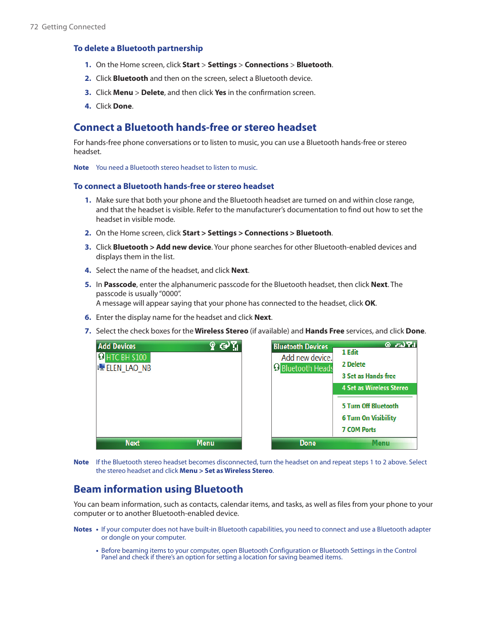 Connect a bluetooth hands-free or stereo headset, Beam information using bluetooth | HTC IRIS100 User Manual | Page 72 / 114
