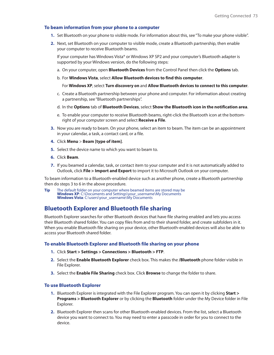 Bluetooth explorer and bluetooth file sharing | HTC IRIS100 User Manual | Page 73 / 114