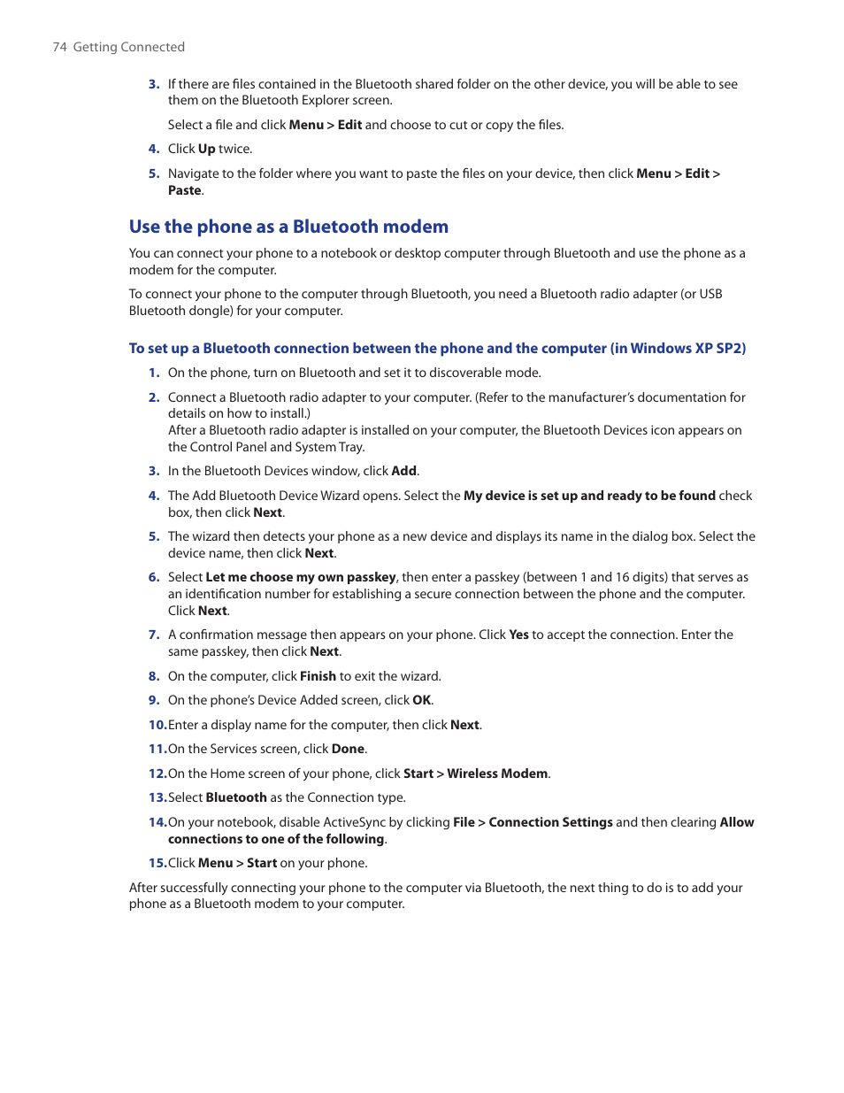 Use the phone as a bluetooth modem | HTC IRIS100 User Manual | Page 74 / 114