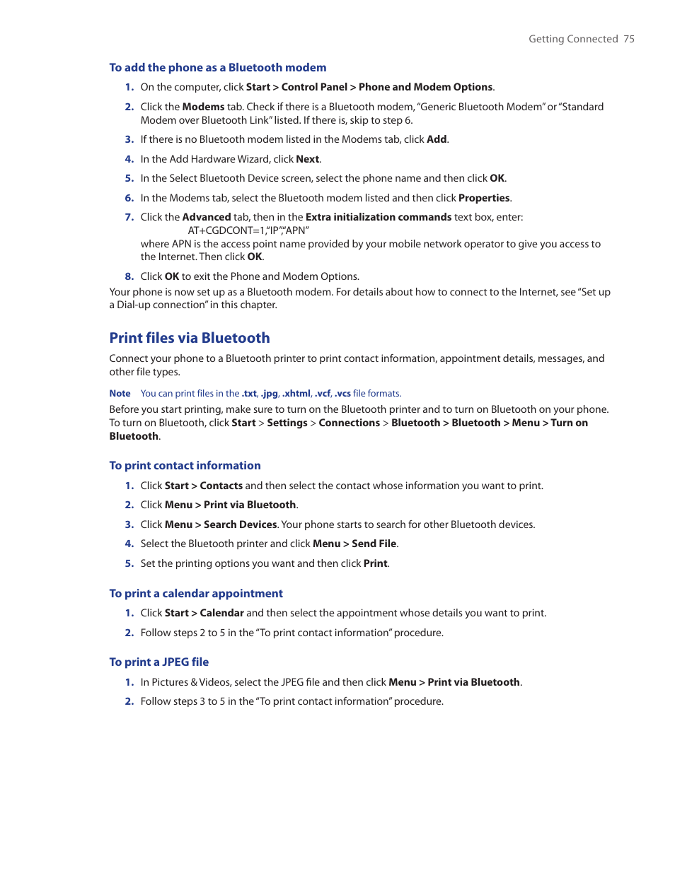 Print files via bluetooth | HTC IRIS100 User Manual | Page 75 / 114