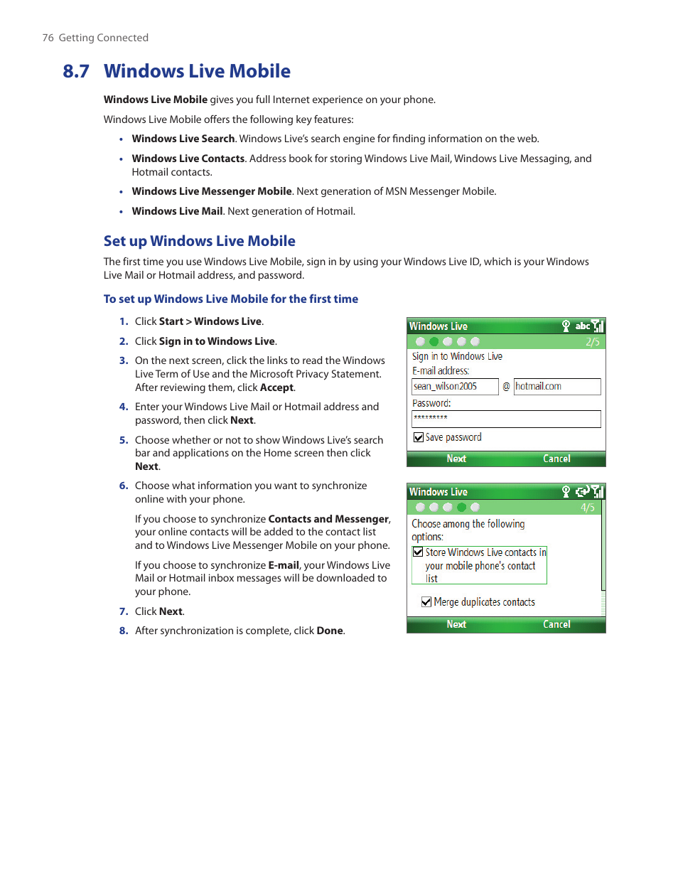 7 windows live mobile, Set up windows live mobile | HTC IRIS100 User Manual | Page 76 / 114