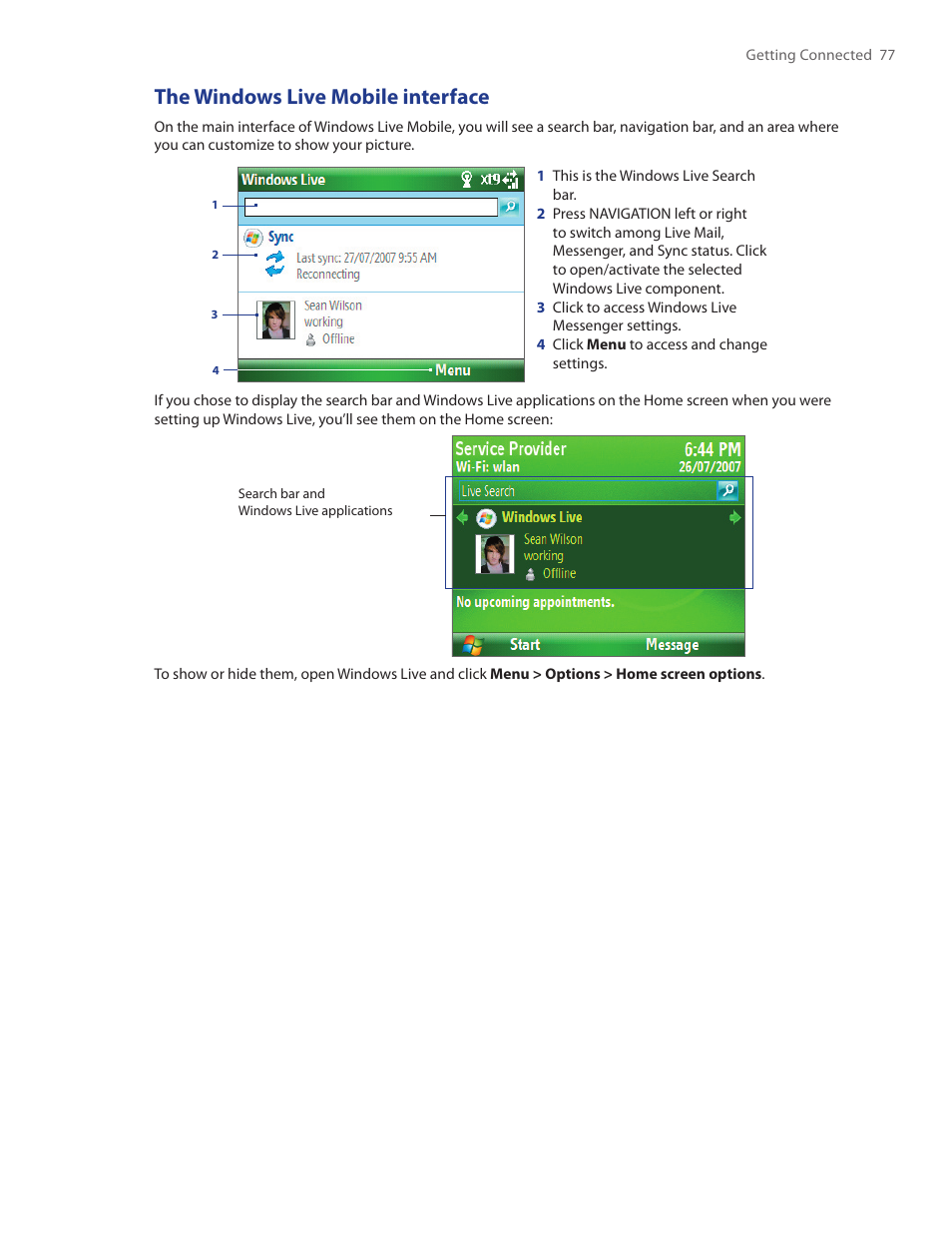 The windows live mobile interface | HTC IRIS100 User Manual | Page 77 / 114