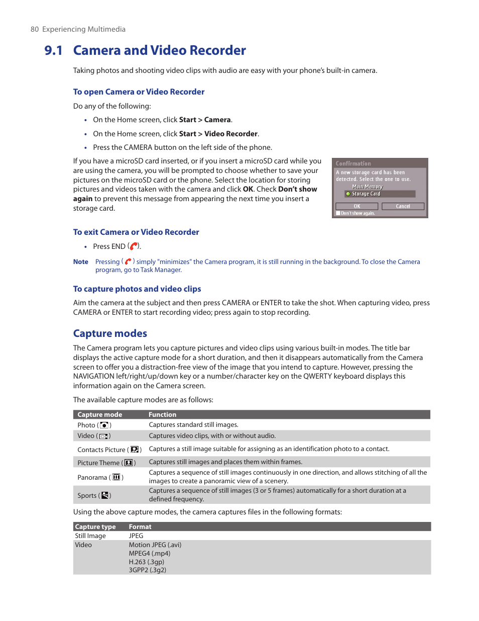 1 camera and video recorder, Capture modes | HTC IRIS100 User Manual | Page 80 / 114