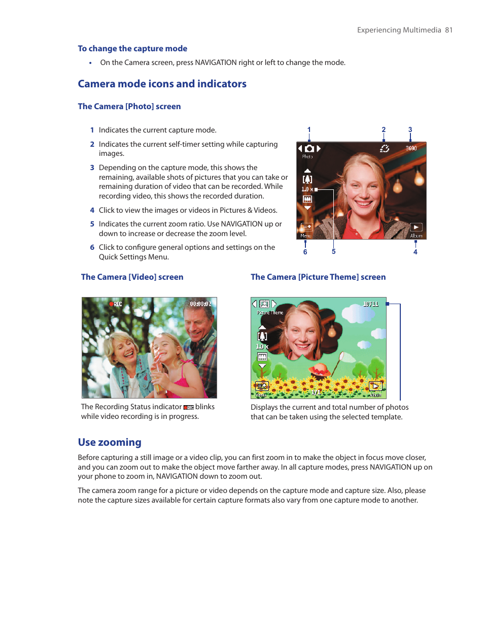 Camera mode icons and indicators, Use zooming | HTC IRIS100 User Manual | Page 81 / 114