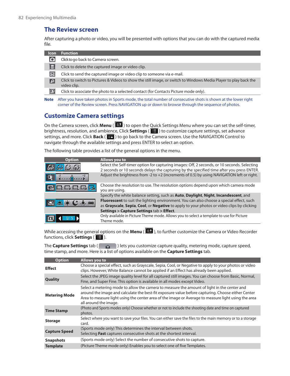 The review screen, Customize camera settings | HTC IRIS100 User Manual | Page 82 / 114