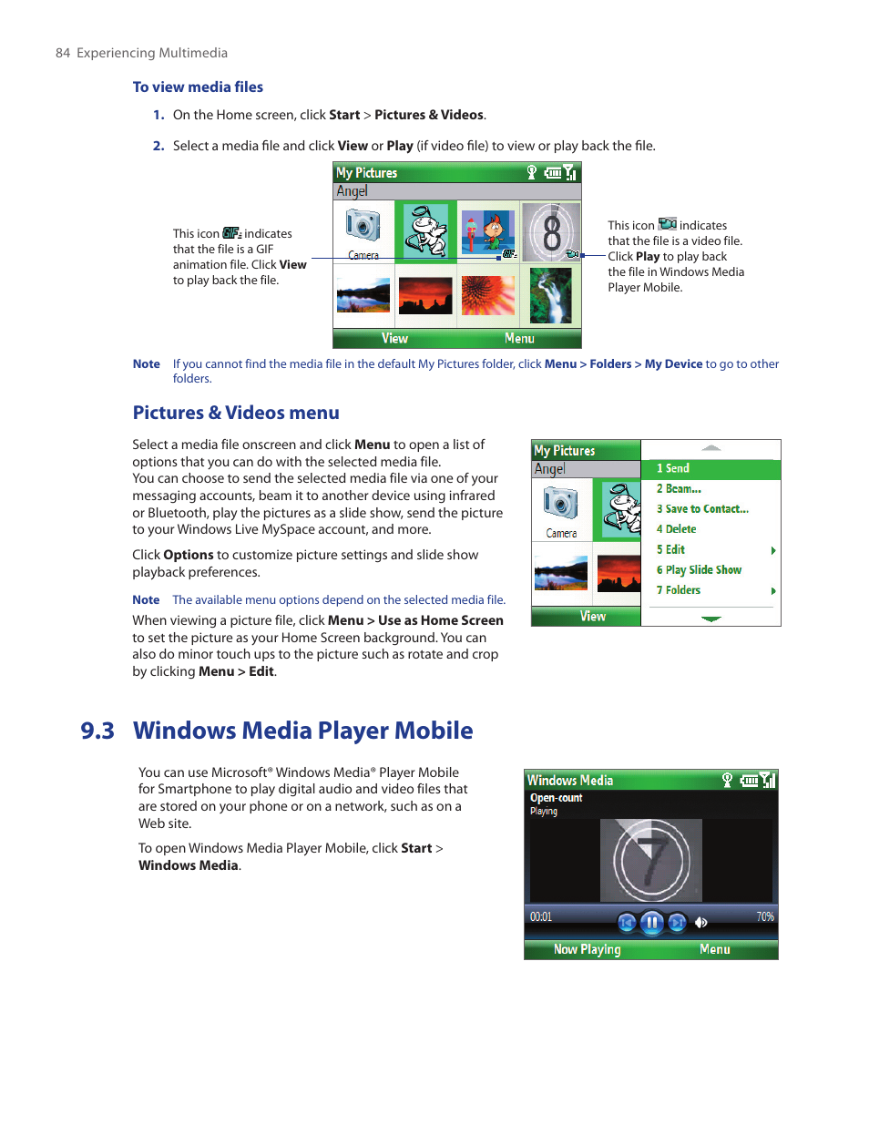 3 windows media player mobile, Pictures & videos menu | HTC IRIS100 User Manual | Page 84 / 114