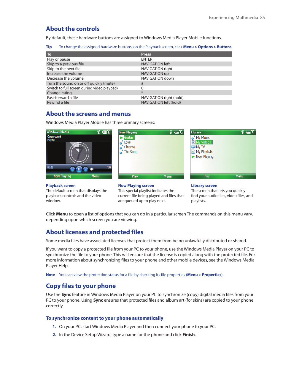About the controls, About the screens and menus, About licenses and protected files | Copy files to your phone | HTC IRIS100 User Manual | Page 85 / 114