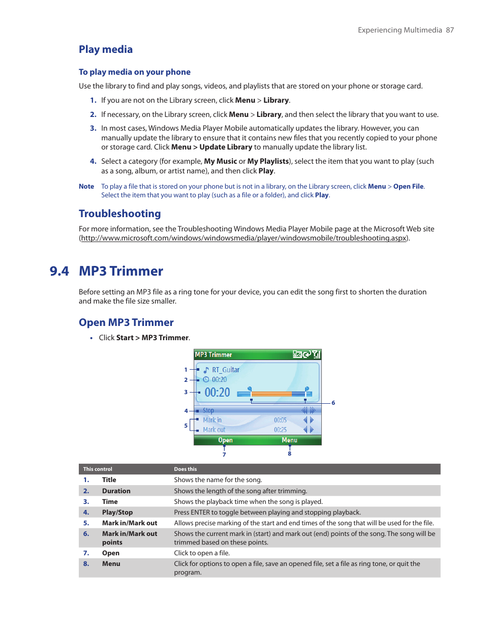 4 mp3 trimmer, Play media, Troubleshooting | Open mp3 trimmer | HTC IRIS100 User Manual | Page 87 / 114