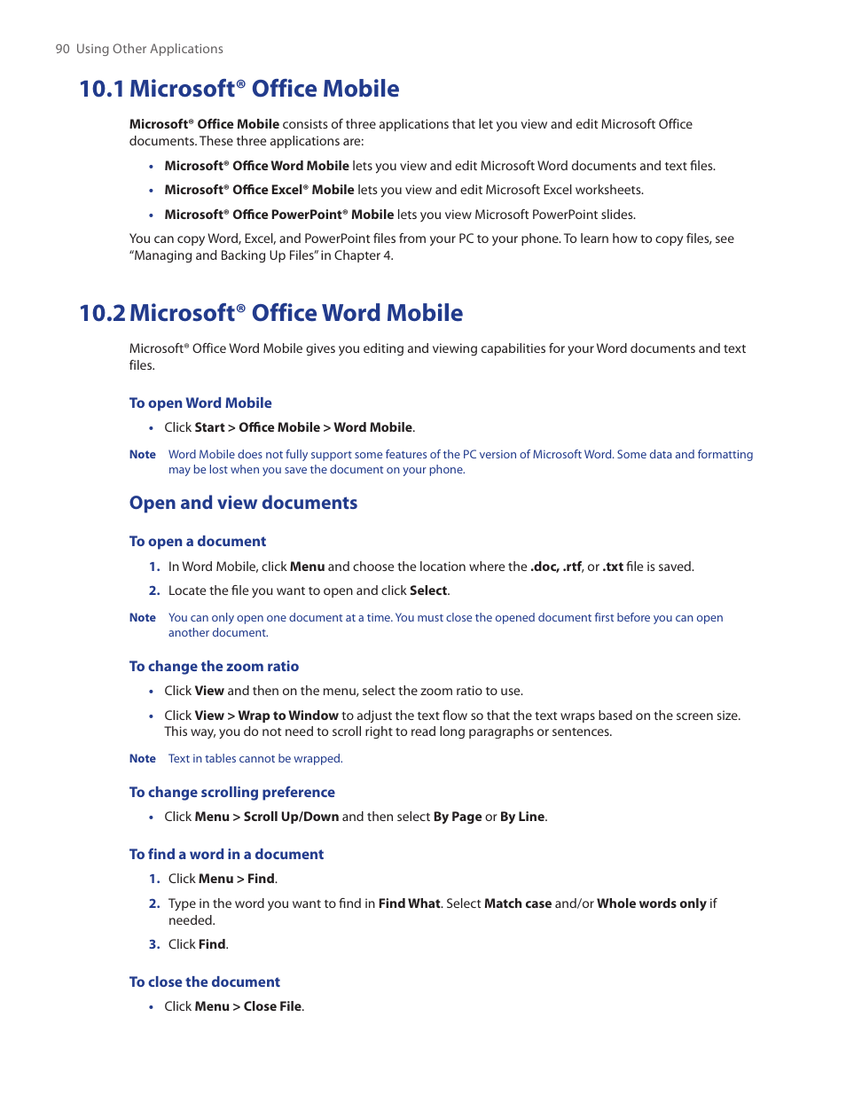 1 microsoft® office mobile, 2 microsoft® office word mobile, Open and view documents | HTC IRIS100 User Manual | Page 90 / 114