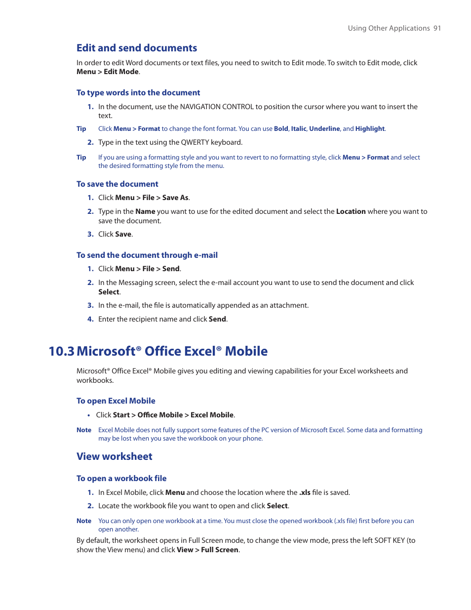 3 microsoft® office excel® mobile, Edit and send documents, View worksheet | HTC IRIS100 User Manual | Page 91 / 114
