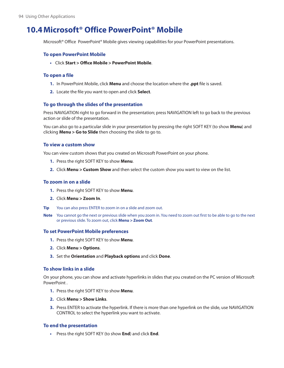 4 microsoft® office powerpoint® mobile | HTC IRIS100 User Manual | Page 94 / 114