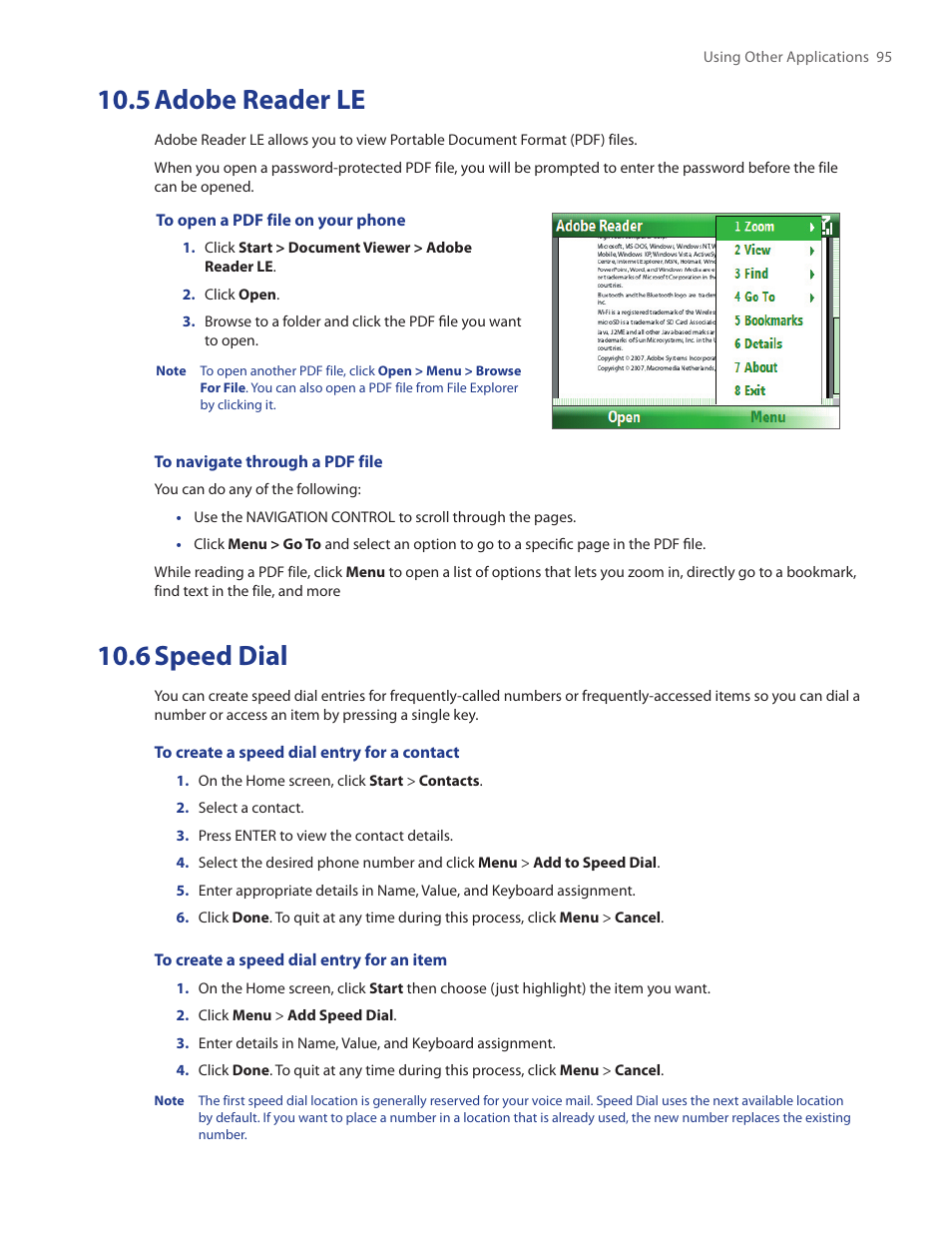 5 adobe reader le, 6 speed dial, 5 adobe reader le 10.6 speed dial | HTC IRIS100 User Manual | Page 95 / 114